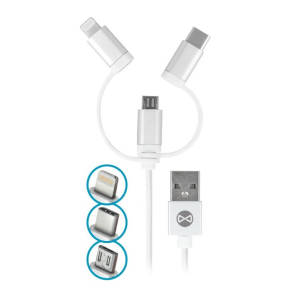 Kabel Forever 3w1 nylon micro USB + USB do iPhone + USB typ-C biały 