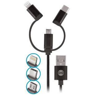 Kabel Forever 3w1 nylon micro USB + USB do iPhone + USB typ-C czarny